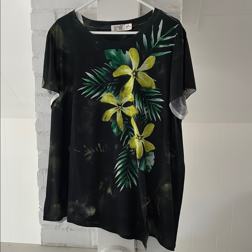 Floral Black Top with yellow green silver